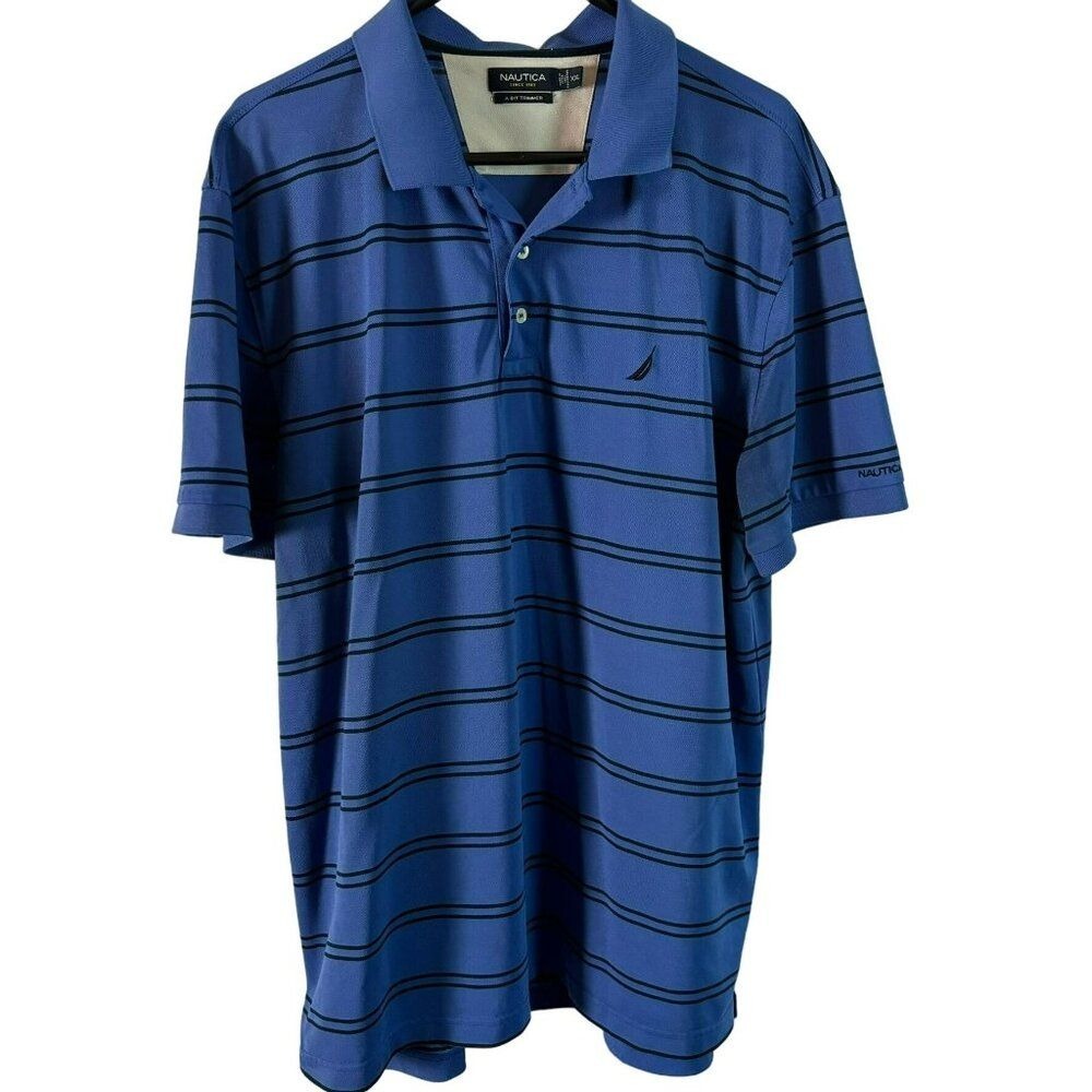 Nautica Shirt Men 2XL A Bit Trimmer Polo Blue Striped Polyester Moisture Wicking